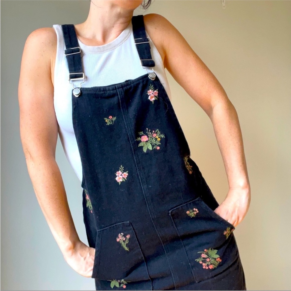 Black Denim Overalls skirt with Embroidered Flowers